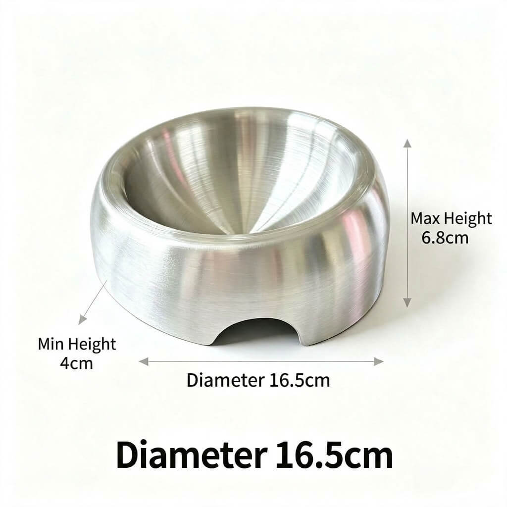 Dimensions diagram of 15 degree tilted cat bowl showing 16.5cm diameter and 6.8cm max height
