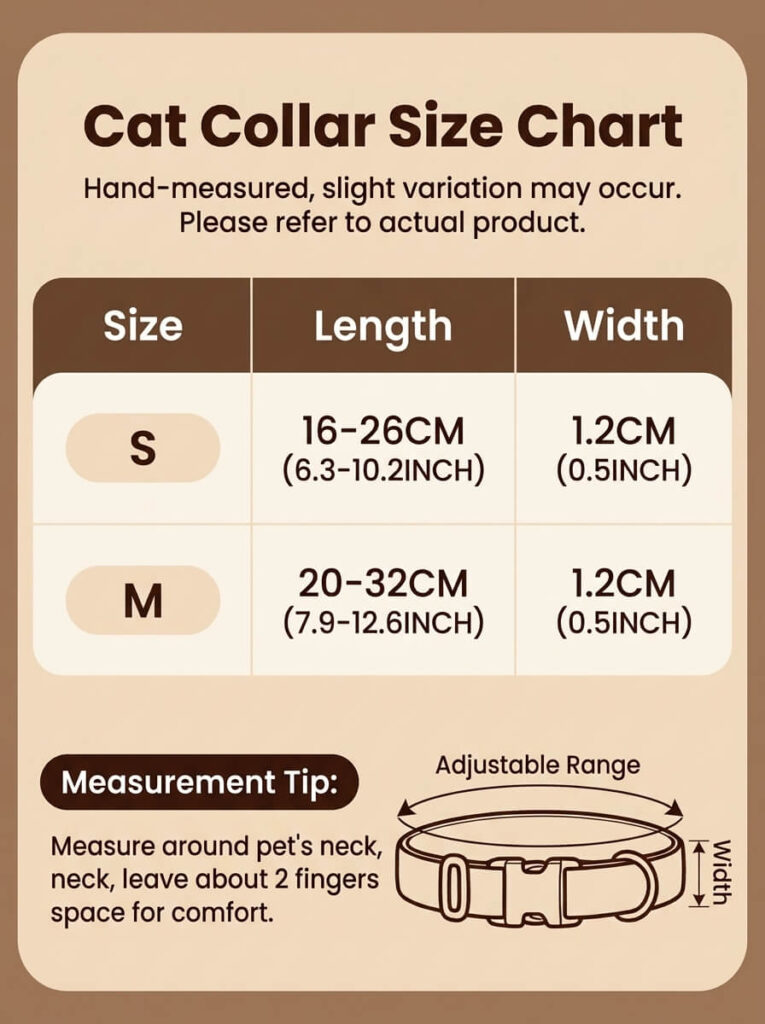 Velvet star cat collar size chart guide in inches and centimeters